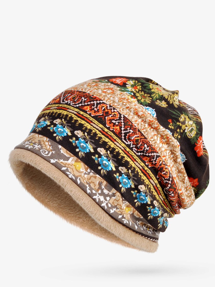 Women Vintage Stripe Print Beanie Outdoor Windproof Hat QAR26