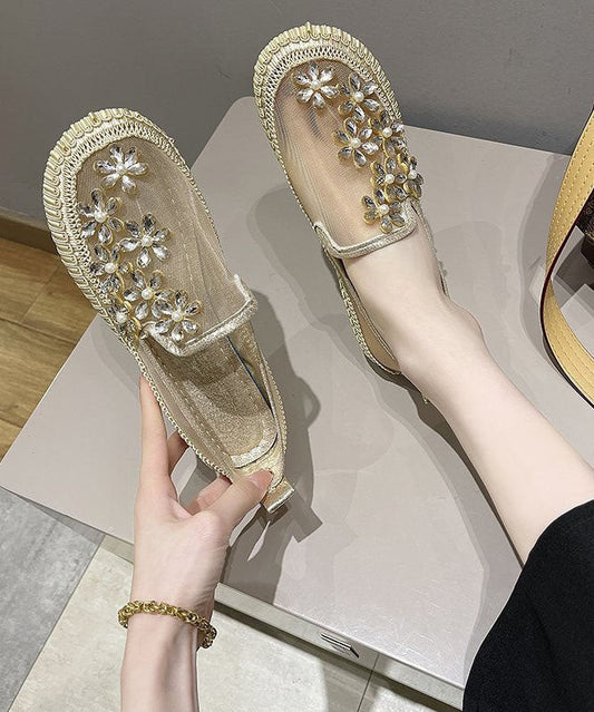 Gold Penny Loafers Breathable Mesh Retro Splicing Floral Zircon LY4342