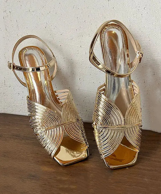 Gold Sandals High Heel Faux Leather Stylish Splicing Buckle Strap Ada Fashion
