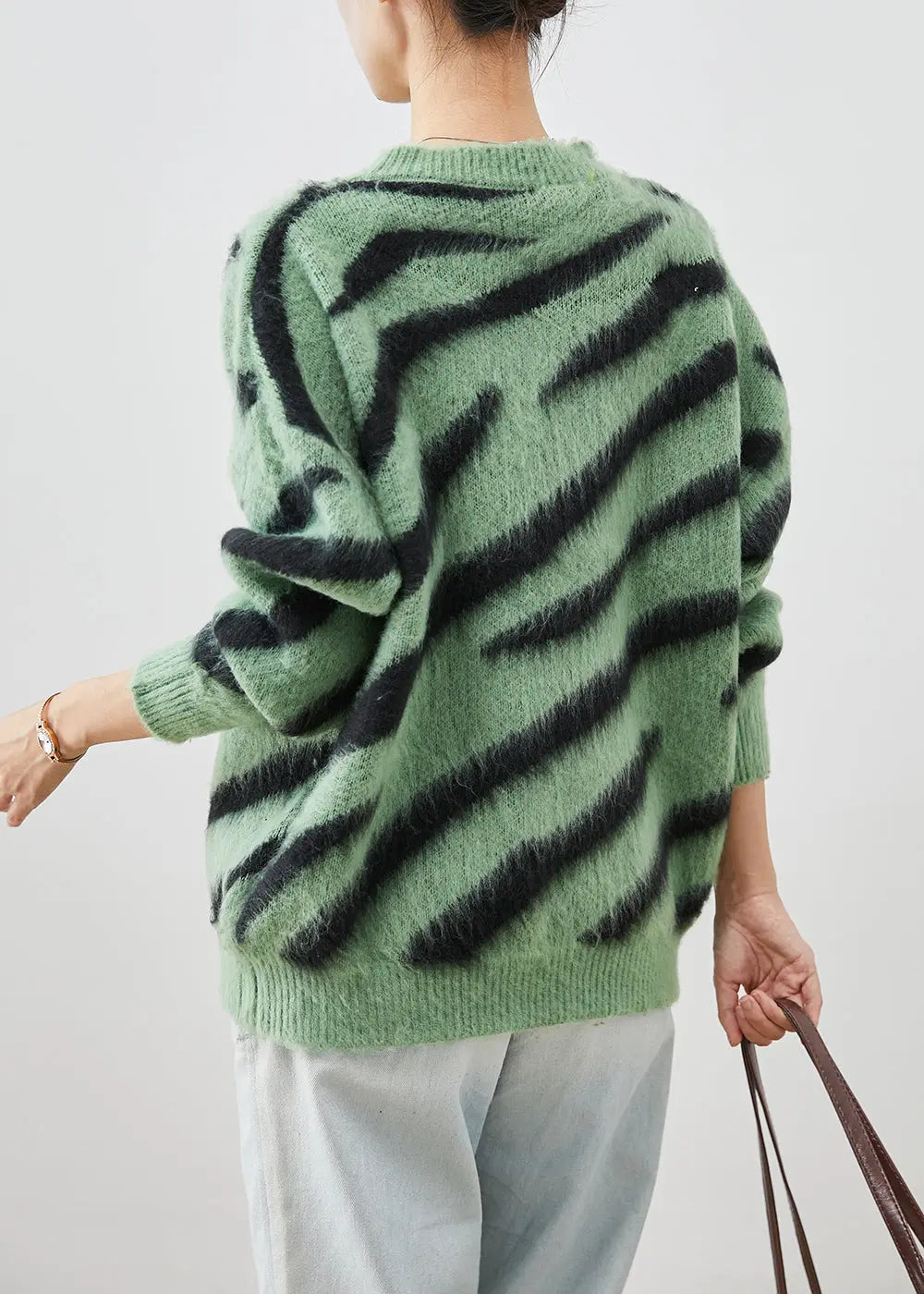 Grass Green Thick Knitted Tops Oversized Zebra Pattern Print Fall Ada Fashion