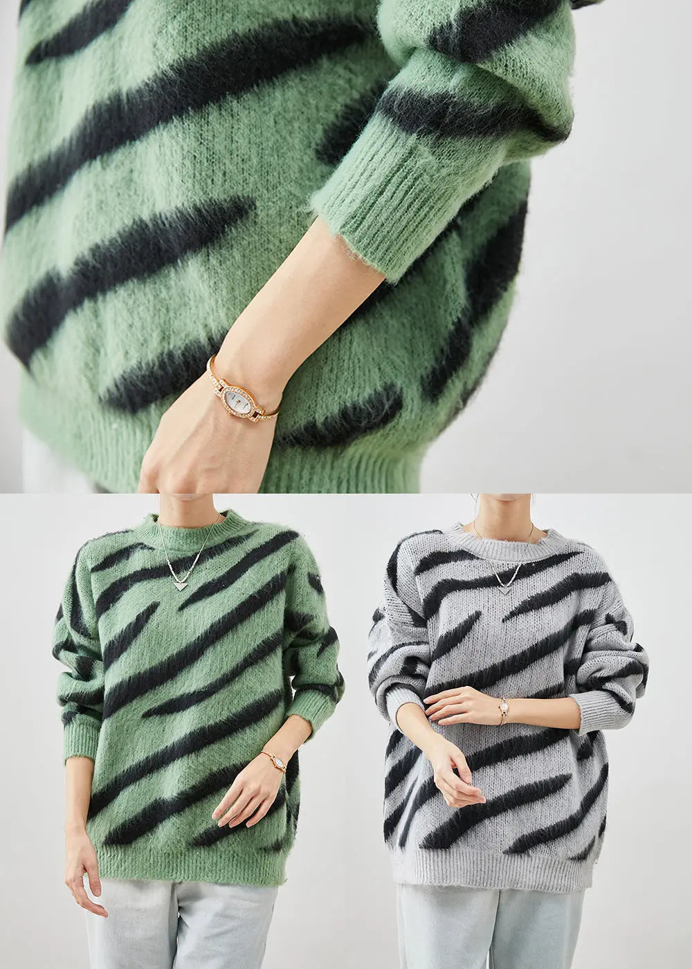 Grass Green Thick Knitted Tops Oversized Zebra Pattern Print Fall Ada Fashion