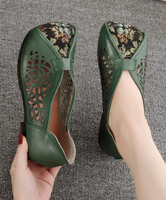 Green Hollow Out Cowhide Leather Flat Shoes For Women Splicing Flats LC0517