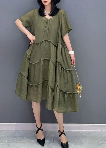 Robe d'été 2 pièces en coton patchwork vert à col rond froissé