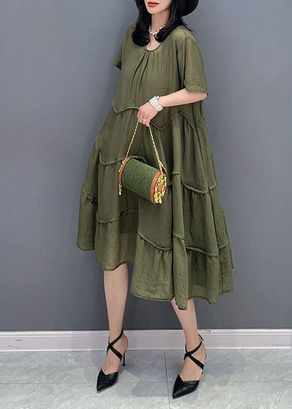 Robe d'été 2 pièces en coton patchwork vert à col rond froissé