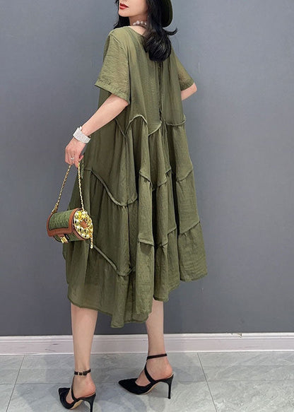 Robe d'été 2 pièces en coton patchwork vert à col rond froissé