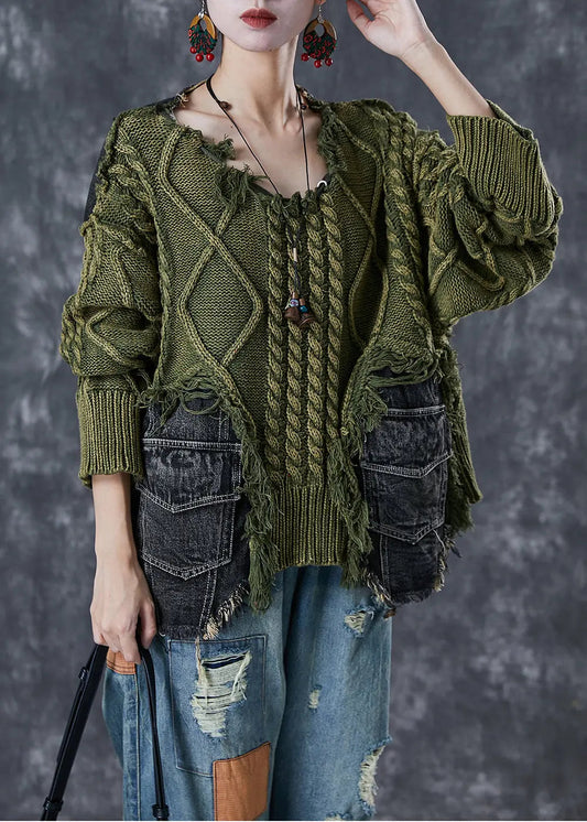 Green Patchwork Denim Knit Ripped Sweaters Asymmetrical Winter Ada Fashion