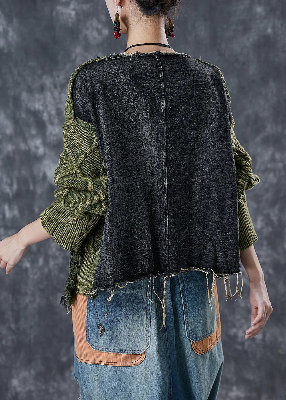 Green Patchwork Denim Knit Ripped Sweaters Asymmetrical Winter Ada Fashion