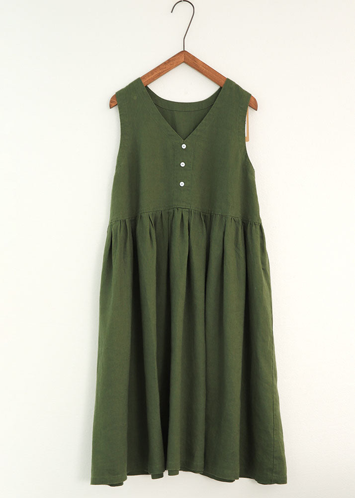 Green Patchwork Linen Dresses V Neck Wrinkled Sleeveless Ada Fashion