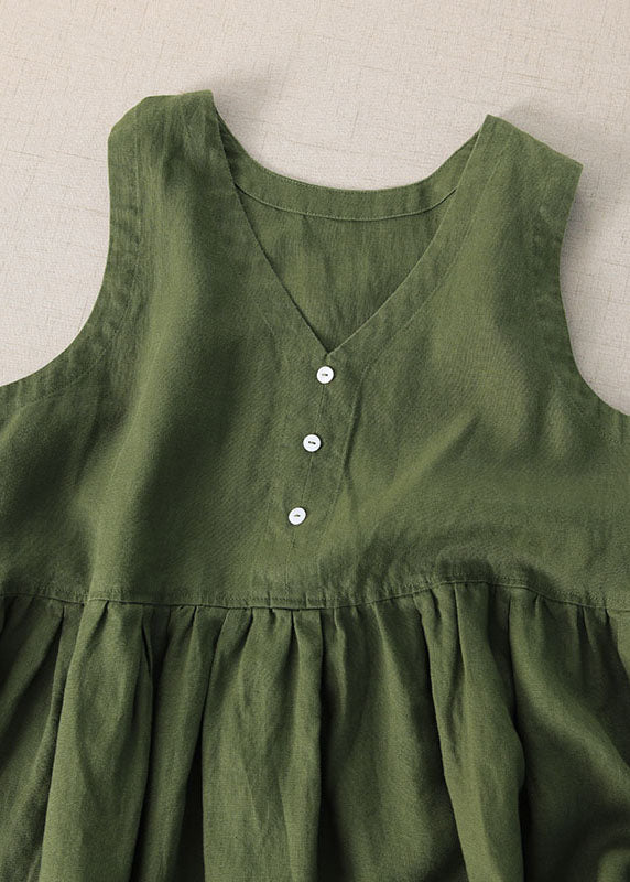 Green Patchwork Linen Dresses V Neck Wrinkled Sleeveless Ada Fashion