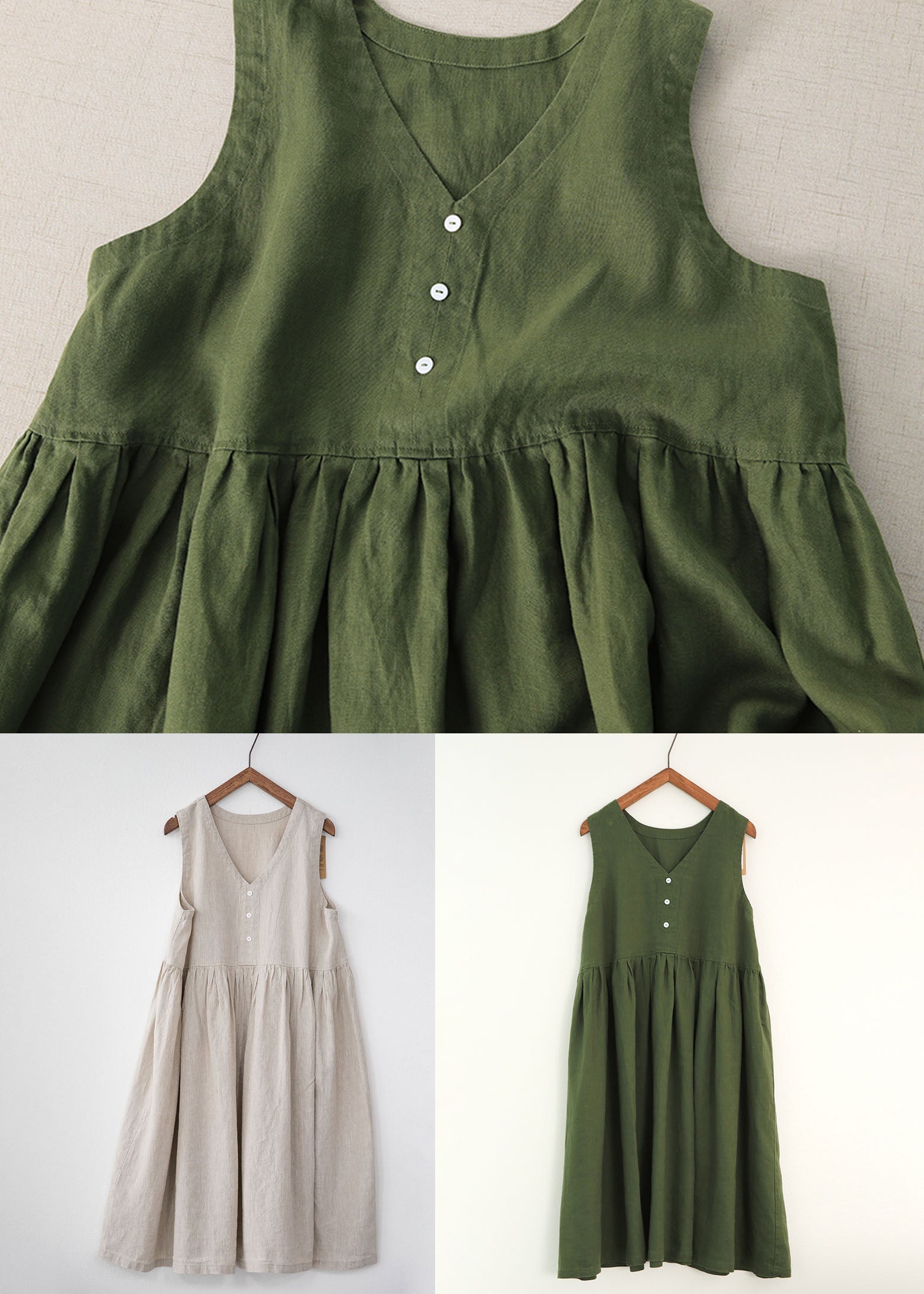 Green Patchwork Linen Dresses V Neck Wrinkled Sleeveless Ada Fashion