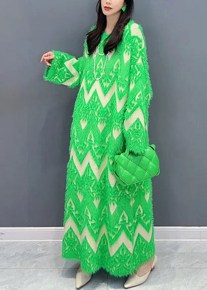 Green Patchwork Teddy Knit Sweater Dress O Neck Long Sleeve Ada Fashion