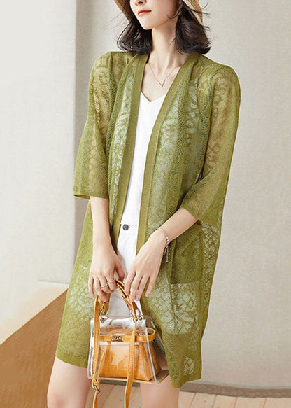 Green Pockets Patchwork Lace Cardigan V Neck Hollow Out Summer Ada Fashion