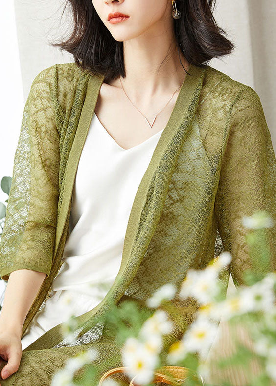 Green Pockets Patchwork Lace Cardigan V Neck Hollow Out Summer Ada Fashion