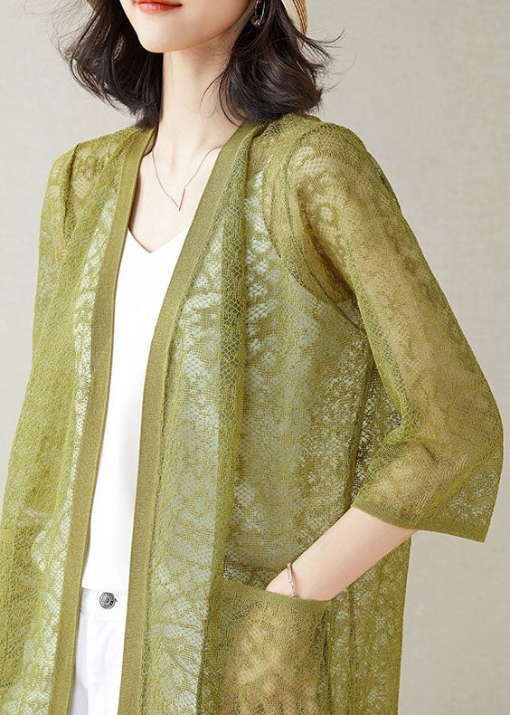 Green Pockets Patchwork Lace Cardigan V Neck Hollow Out Summer Ada Fashion