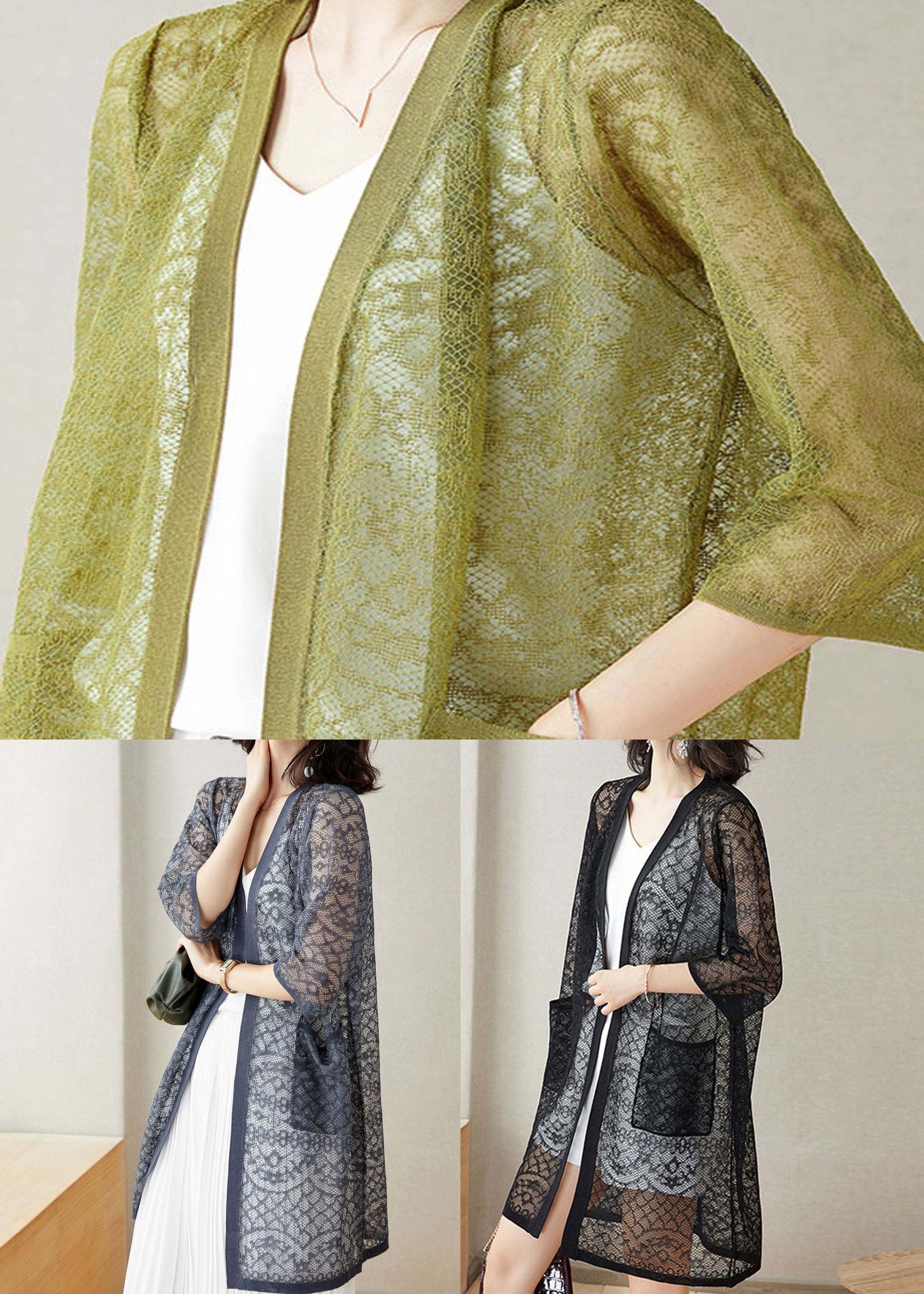 Green Pockets Patchwork Lace Cardigan V Neck Hollow Out Summer Ada Fashion