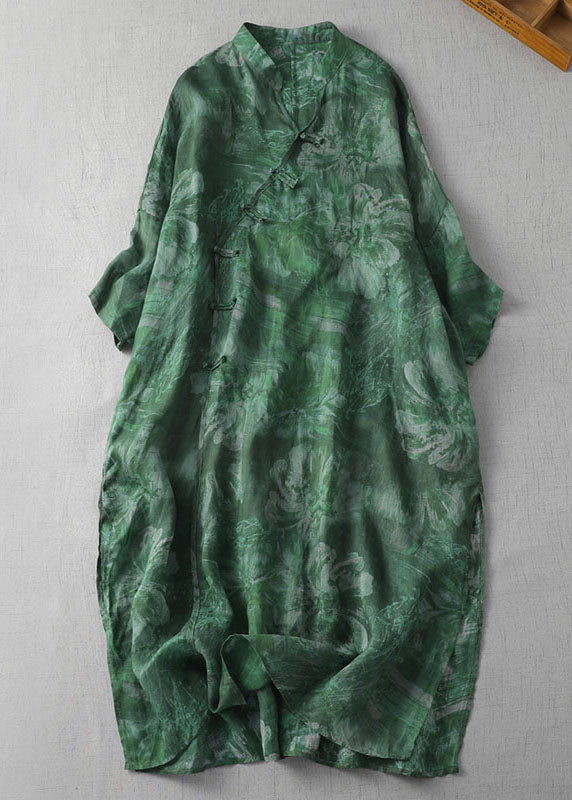 Green Print Patchwork Loose Linen Dresses V Neck Side Open Summer Ada Fashion