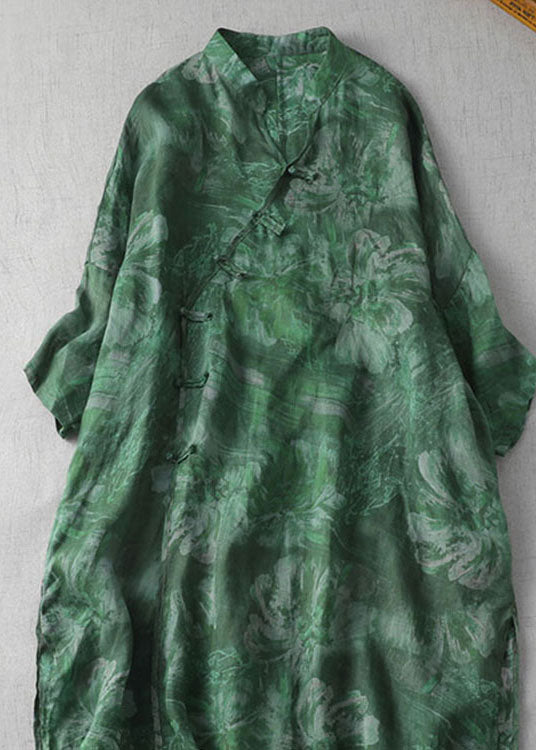 Green Print Patchwork Loose Linen Dresses V Neck Side Open Summer Ada Fashion