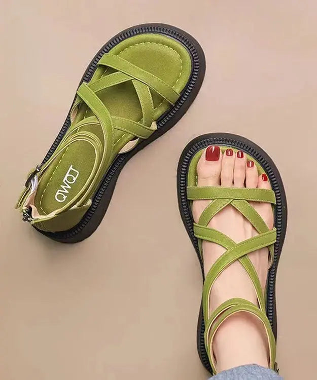Green Sandals Platform Faux Leather Handmade Splicing Cross Strap Ada Fashion