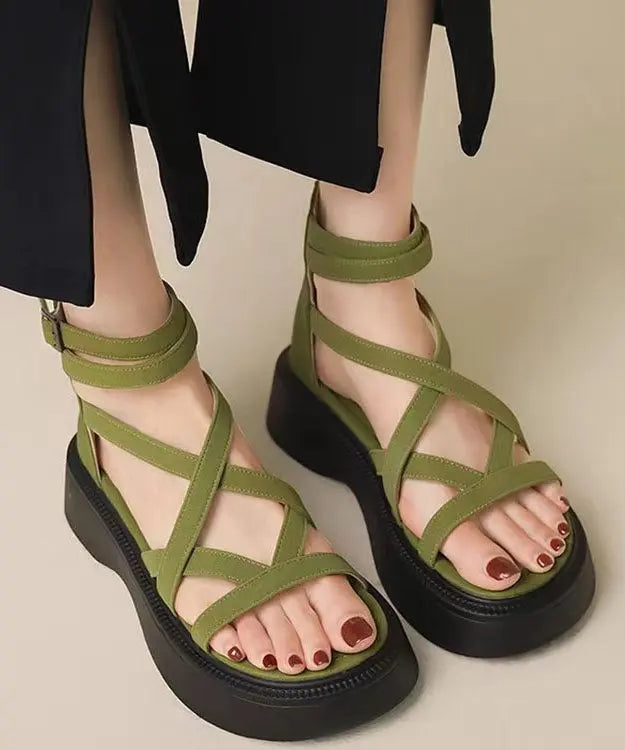 Green Sandals Platform Faux Leather Handmade Splicing Cross Strap Ada Fashion