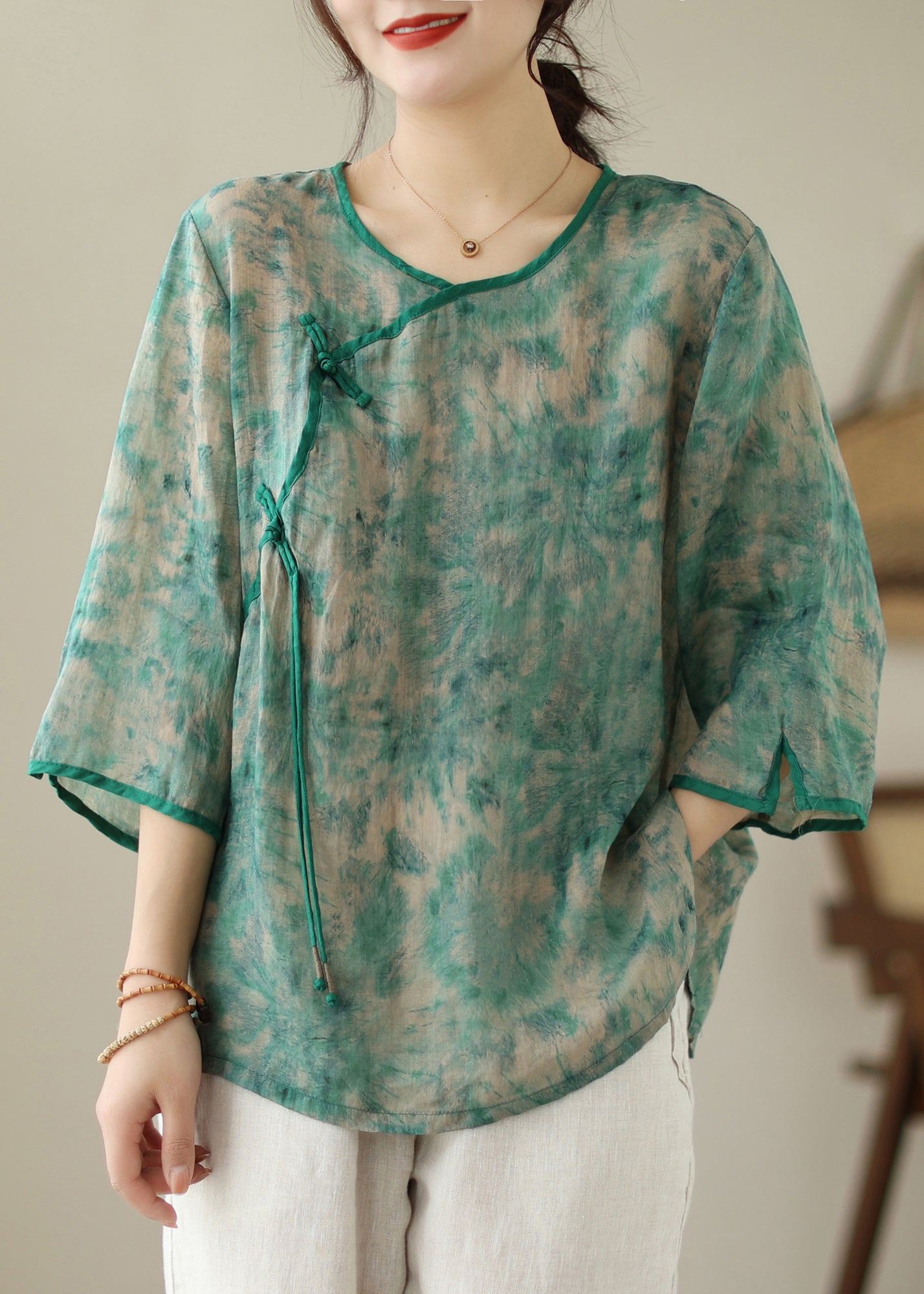 Green Tie Dye Linen Shirt Chinese Button Bracelet Sleeve Ada Fashion