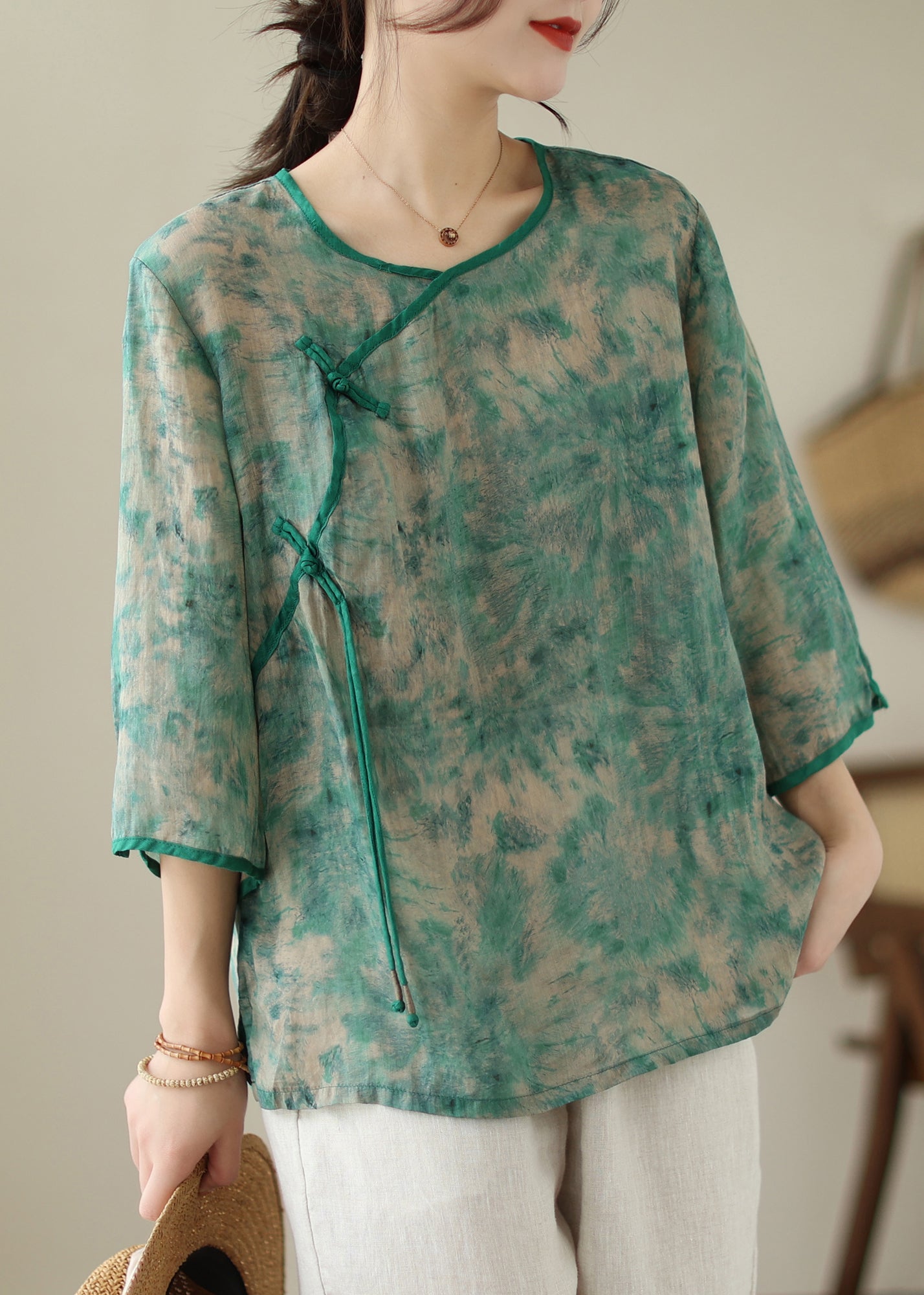 Green Tie Dye Linen Shirt Chinese Button Bracelet Sleeve Ada Fashion