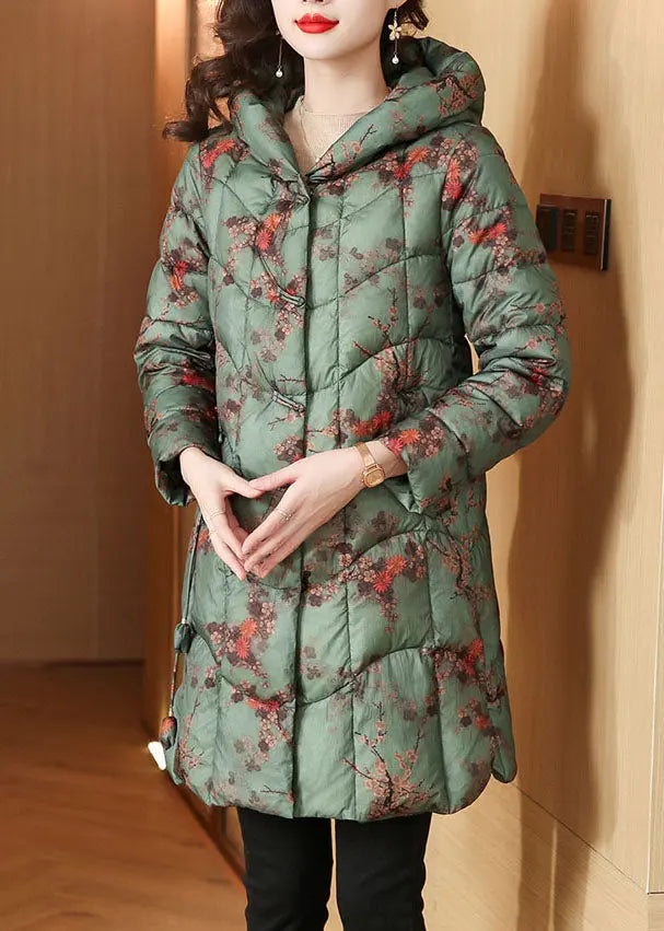 Green Zippered Button Fine Cotton Filled Hooded Down Coats Long Sleeve Ada Fashion