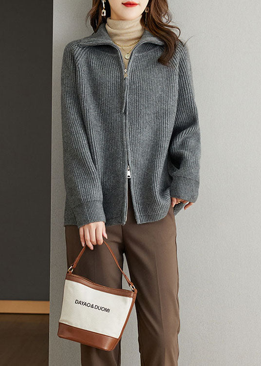 Grey Patchwork Women Wool Coats Peter Pan Collar Zippered Fall Ada Fashion