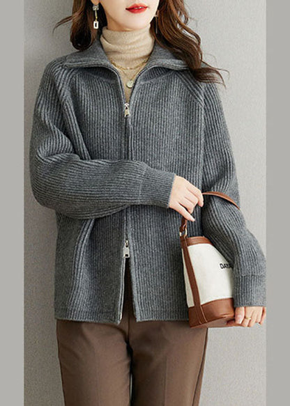 Grey Patchwork Women Wool Coats Peter Pan Collar Zippered Fall Ada Fashion