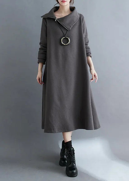 Grey Zippered Fleece Dress Maxi Sweatshirt Dress Winter Ada Fashion