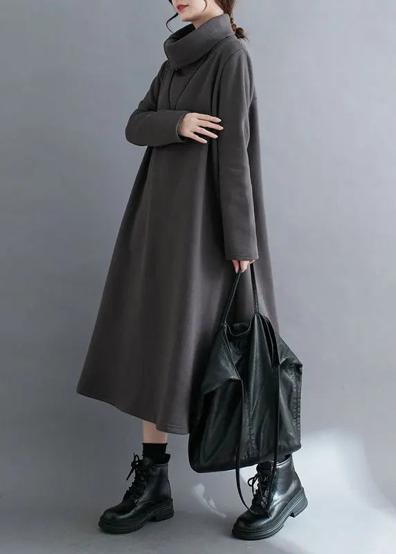 Grey Zippered Fleece Dress Maxi Sweatshirt Dress Winter Ada Fashion