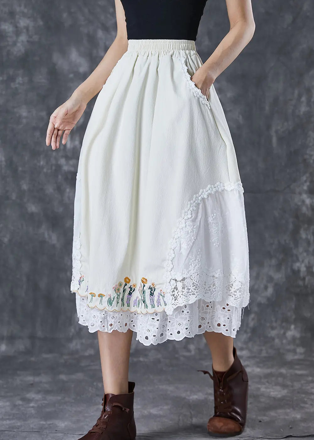 Handmade Beige Embroidered Patchwork Cotton Skirt Fall Ada Fashion