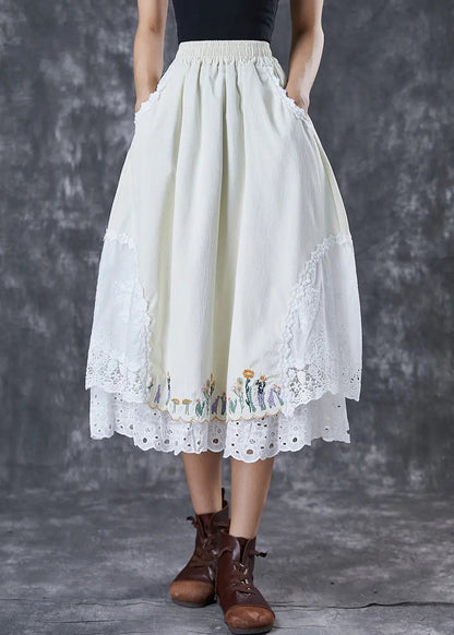 Handmade Beige Embroidered Patchwork Cotton Skirt Fall Ada Fashion