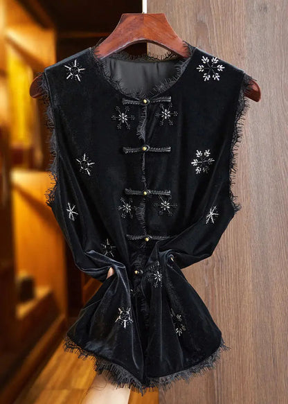 Handmade Black Nail Bead Lace Patchwork Silk Velour Shirt Waistcoat Sleeveless Ada Fashion