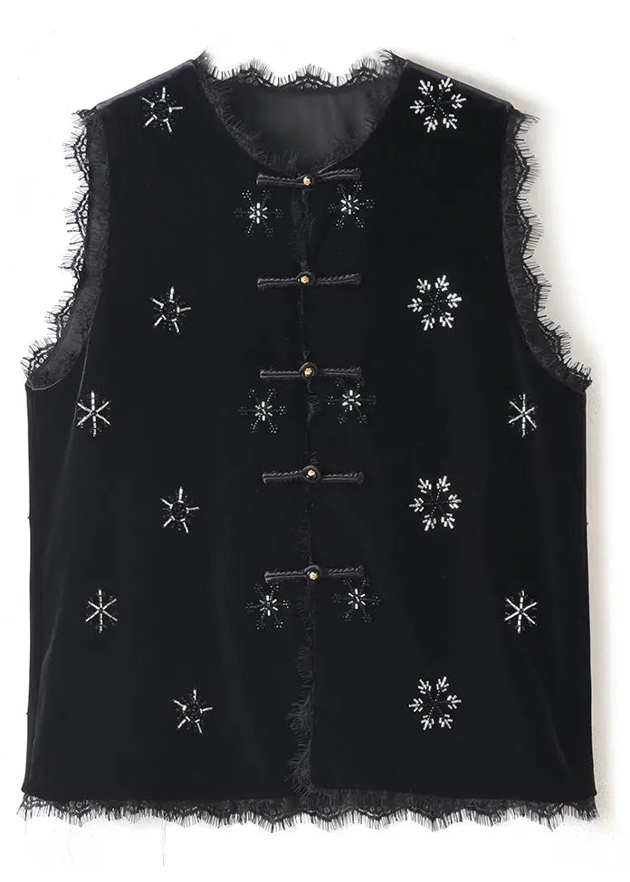 Handmade Black Nail Bead Lace Patchwork Silk Velour Shirt Waistcoat Sleeveless Ada Fashion