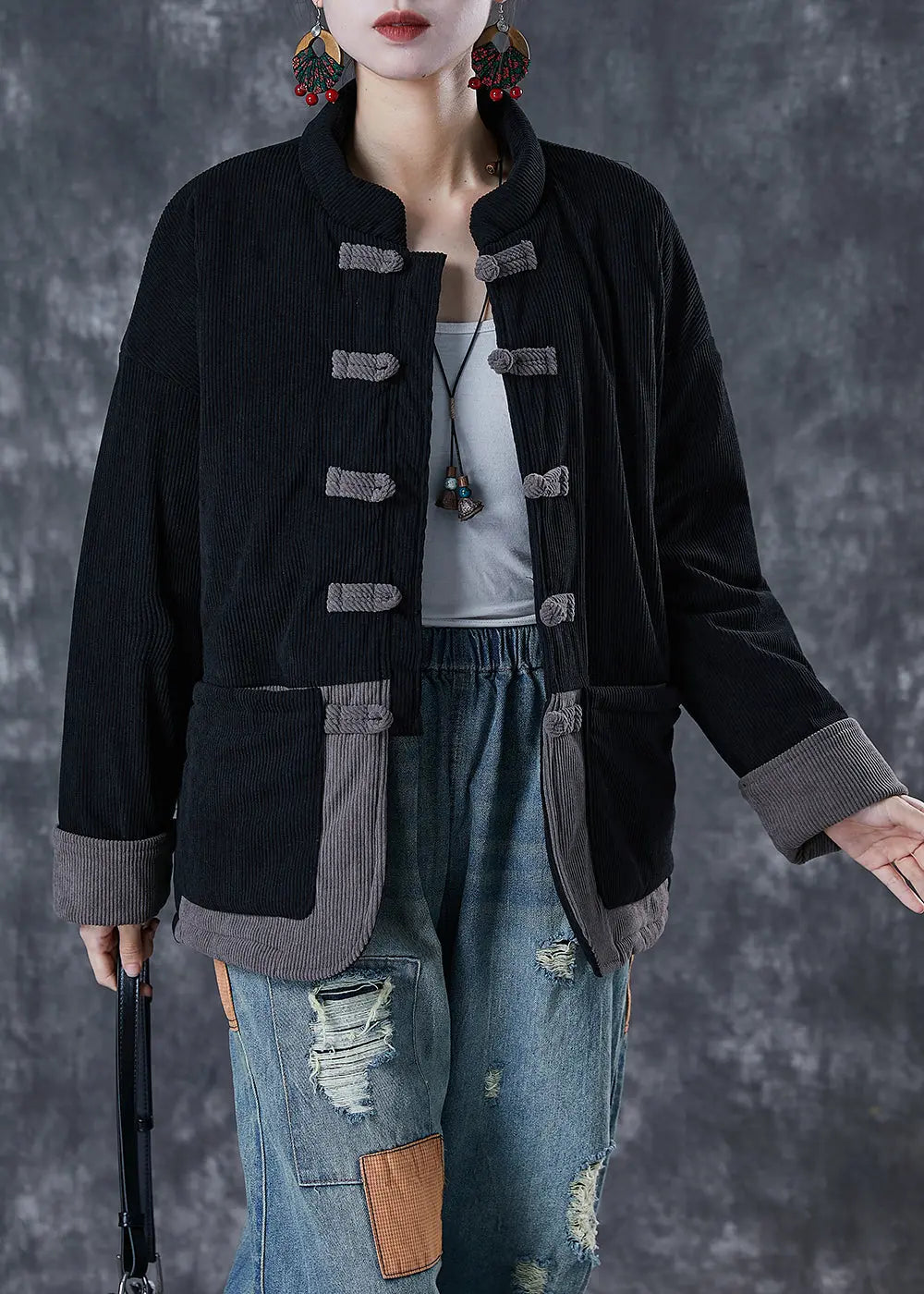 Handmade Black Oversized Patchwork Fine Cotton Filled Parkas Winter Ada Fashion