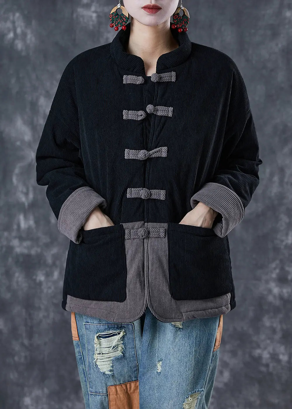 Handmade Black Oversized Patchwork Fine Cotton Filled Parkas Winter Ada Fashion