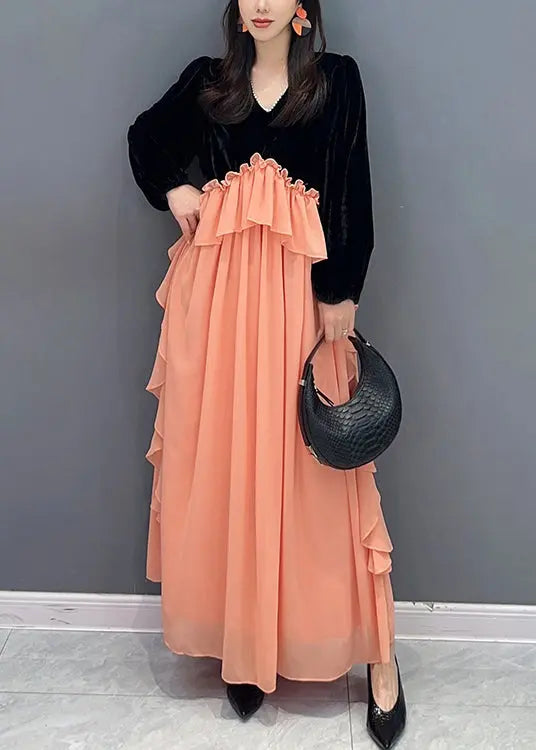 Handmade Black Pink Ruffled Velour Patchwork Chiffon Dresses Fall Ada Fashion