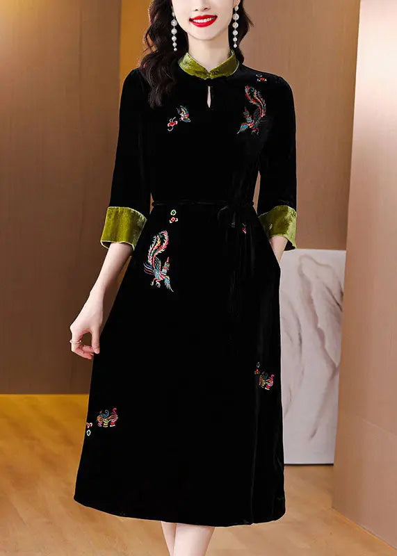 Handmade Black Stand Collar Embroidered Pockets Silk Velour Long Dresses Long Sleeve Ada Fashion