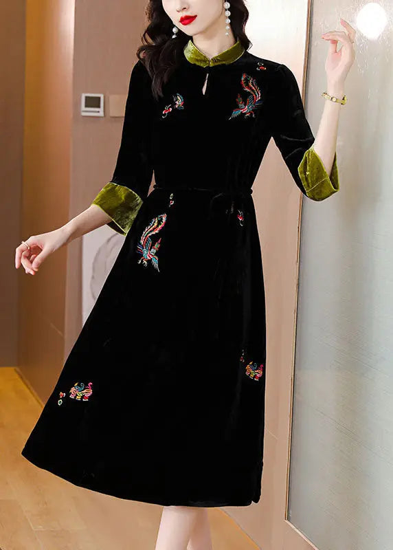 Handmade Black Stand Collar Embroidered Pockets Silk Velour Long Dresses Long Sleeve Ada Fashion