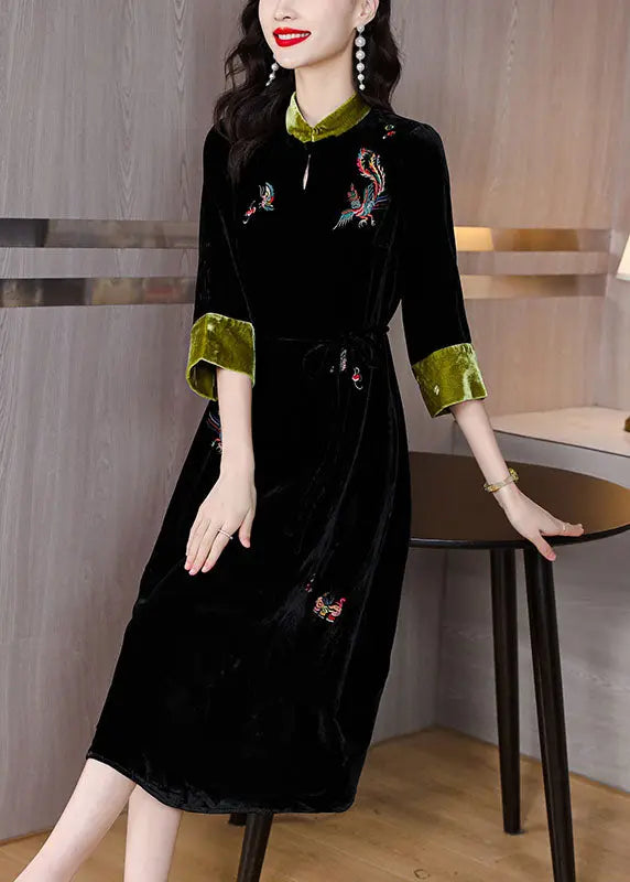 Handmade Black Stand Collar Embroidered Pockets Silk Velour Long Dresses Long Sleeve Ada Fashion