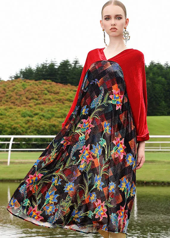 Handmade Black V Neck Print Silk Velour Patchwork Maxi Dresses Fall Ada Fashion