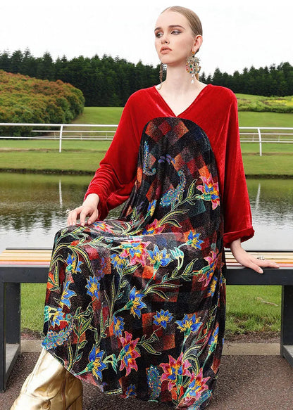 Handmade Black V Neck Print Silk Velour Patchwork Maxi Dresses Fall Ada Fashion