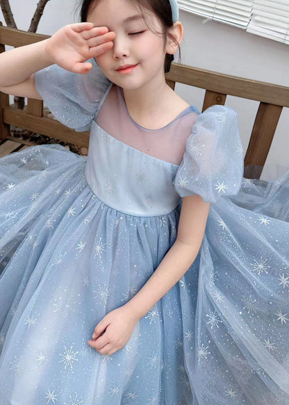 Robes d'été pour bébé fille en tulle brodées à la main avec nœud froissé bleu