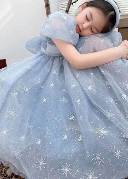 Robes d'été pour bébé fille en tulle brodées à la main avec nœud froissé bleu