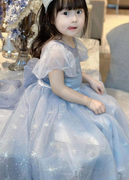 Robes d'été pour bébé fille en tulle brodées à la main avec nœud froissé bleu