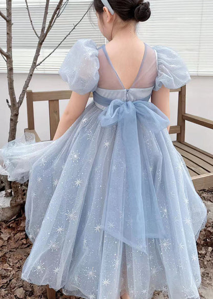 Robes d'été pour bébé fille en tulle brodées à la main avec nœud froissé bleu