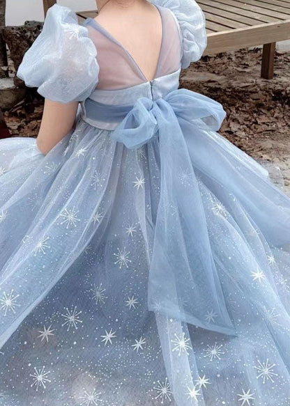 Robes d'été pour bébé fille en tulle brodées à la main avec nœud froissé bleu