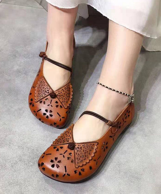 Handmade Brown Hollow Out Flats Buckle Strap Flat Feet Shoes LC0523