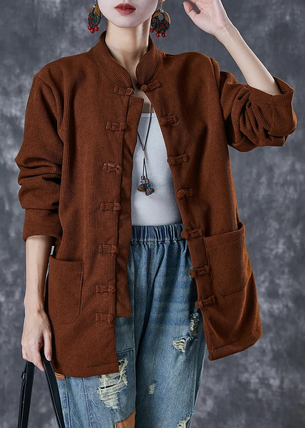 Handmade Chocolate Chinese Button Warm Fleece Corduroy Jacket Winter Ada Fashion