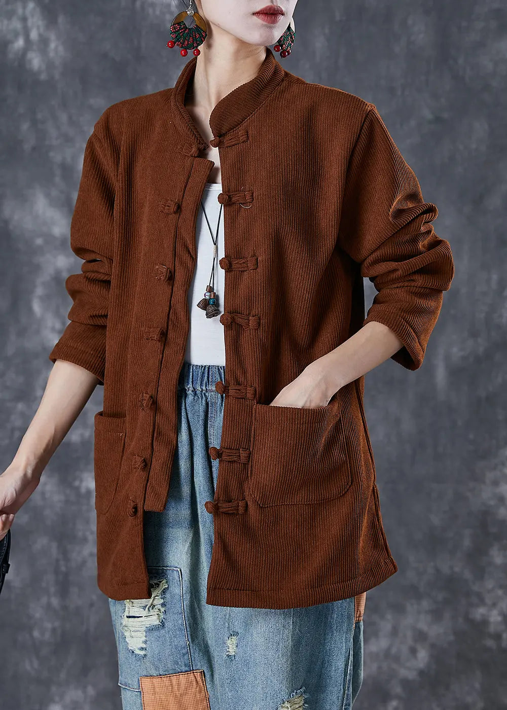 Handmade Chocolate Chinese Button Warm Fleece Corduroy Jacket Winter Ada Fashion